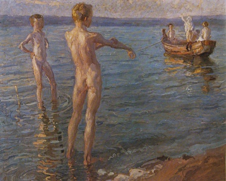 Badende Knaben. by Christian Adam Landenberger. 1904. Motifs recorded: boot, nackt, see, strand, wellen, jungen, blau, spiegelung.