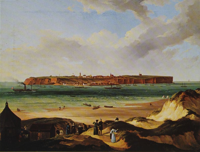 Ansicht der Insel Helgoland. by Johann Georg Christian Perlberg. 1839. Motifs recorded: island, beach, people, boats, sky, sea, clouds, sand.