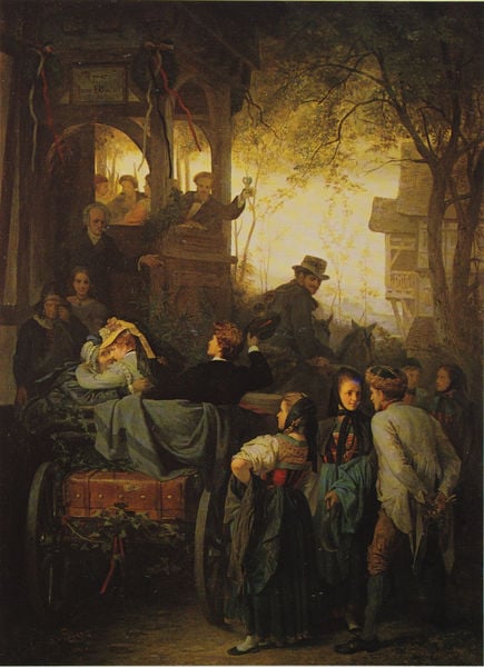 Abfahrt zur Hochzeitsreise. by Theodor Pixis. 1869–1871. Motifs recorded: kutsche, menschen, abschied, hut, baum, frauen, koffer, licht.