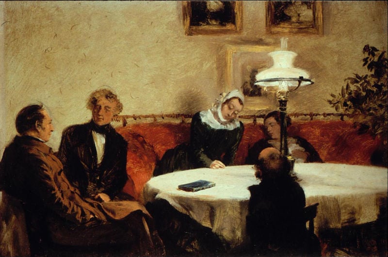 Abendgesellschaft. by Adolph Menzel. 1846–1847. Motifs recorded: tisch, lampe, buch, tischdecke, bilder, pflanze, sofa, rot.