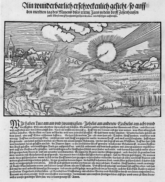 Ain wunderbarlich erschrockenlich gesicht/ so. 1543. Motifs recorded: drache, kirche, dorf, feld, wolken, sonne, holzschnitt, drachen.