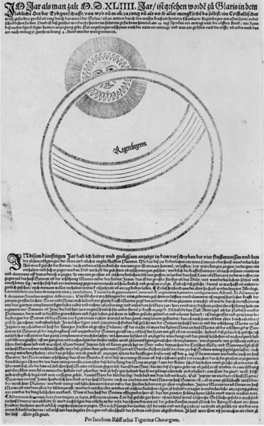 JM Jar als man zalt M.D.XLIIII. Jar. by Jakob Rueff. 1544. Motifs recorded: sonne, kreis, schrift, text, bogen, astronomie, schwarz, rund.
