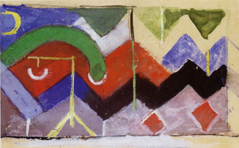 Abstrakte Komposition (Abstrakter Stickereientwurf). by Franz Marc. 1912–1913. Motifs recorded: bleu, rouge, noir, jaune, abstrait, lune, vert, losange.