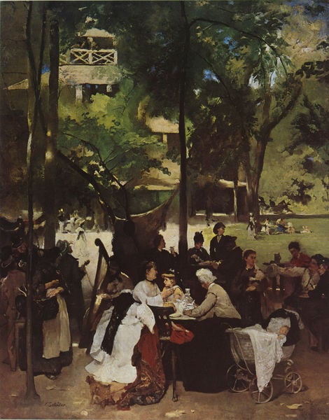Am Chinesischen Turm im Englischen Garten zu München. by Fritz Schider. 1871–1875. Motifs recorded: baby, park, trees, kinderwagen, people, bäume, green, women.