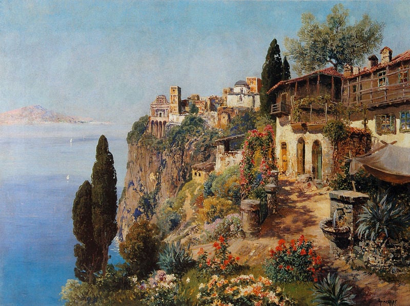 Ansicht von Capri. by Alwin Arnegger. 1907–1916. Motifs recorded: meer, blumen, häuser, brunnen, himmel, küste, bäume, weg.