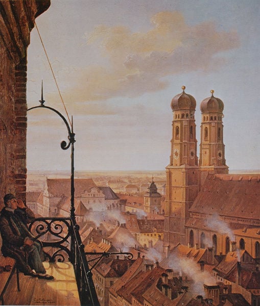 Blick vom Petersturm auf München. by Gustav Seeberger. 1844. Motifs recorded: himmel, türme, kirche, mann, balkon, stadt, rauch, münchen.