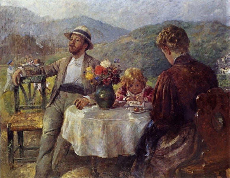 Frühstück im Freien. by Emanuel Spitzer. 1903. Motifs recorded: hut, berge, familie, stuhl, tisch, kind, blumen, frau.