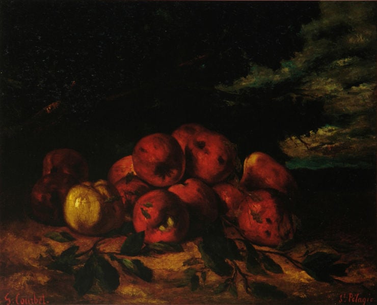 Äpfel. by Gustave Courbet. 1871. Motifs recorded: rot, blätter, äpfel, dunkel, obst, gelb, apfel, stillleben.