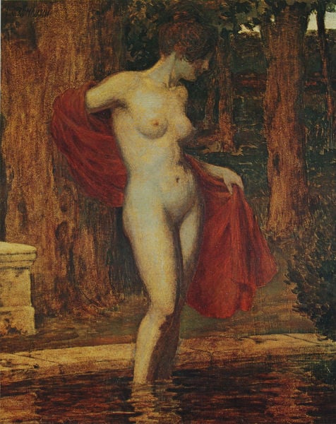 Akt. by Ludwig von Zumbusch. 1878–1927. Motifs recorded: frau, rot, nackt, tuch, wasser, akt, bad, wald.
