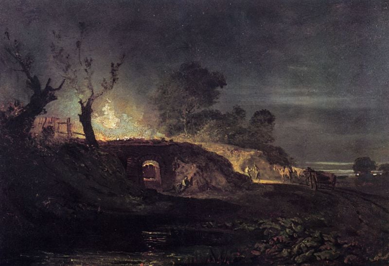 Ablegen von der Landspitze von East Cowes. by William Turner. 1827. Motifs recorded: feuer, bäume, nacht, pferd, licht, pferde, wasser, menschen.