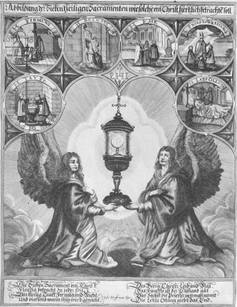 Abbildung der Sieben Heiligen Sacramenten. 1650–1700. Motifs recorded: engel, lampe, flügel, wolken, kreise, druck, bilder, hostie.