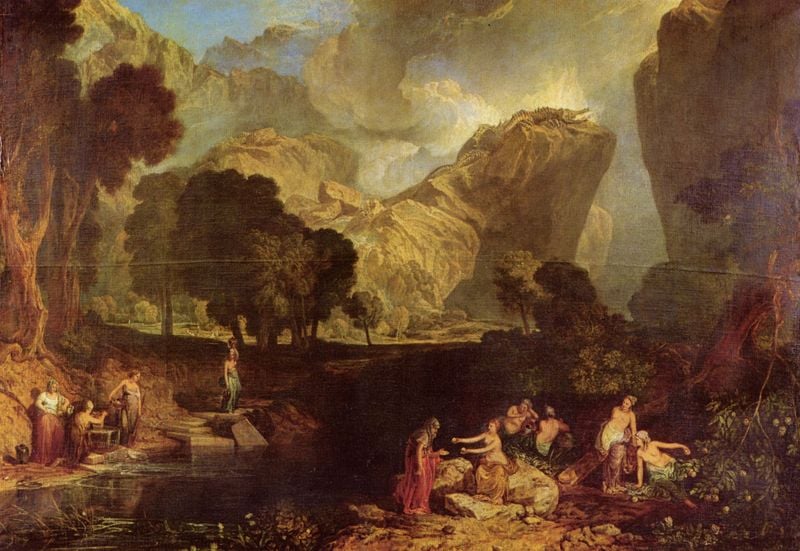 Die Göttin des Zwistes, wählt den Apfel der Zwietracht im Garten der Hesperiden. by William Turner. 1806. Motifs recorded: felsen, bäume, frauen, fluss, menschen, landschaft, wolken, wäscherinnen.