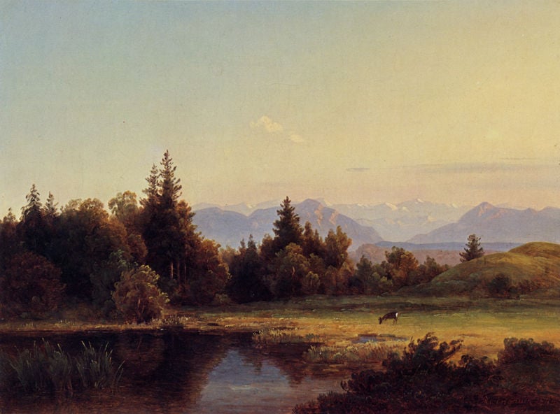An den Osterseen. by Anton Zwengauer. 1844. Motifs recorded: reh, landschaft, see, berge, wiese, bäume, gebirge, himmel.