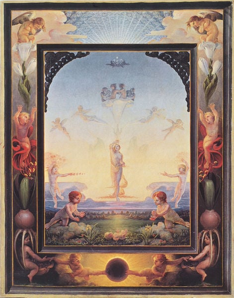 Der kleine Morgen. by Philipp Otto Runge. 1808. Motifs recorded: engel, sonne, rahmen, blumen, kinder, himmel, blau, licht.