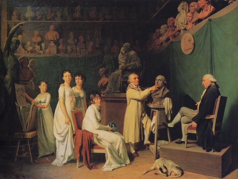 Atelier eines Bildhauers. Gemälde einer Familie. by Louis Léopold Boilly. 1804. Motifs recorded: büsten, hund, künstler, büste, frau, mann, zeichnung, frauen.