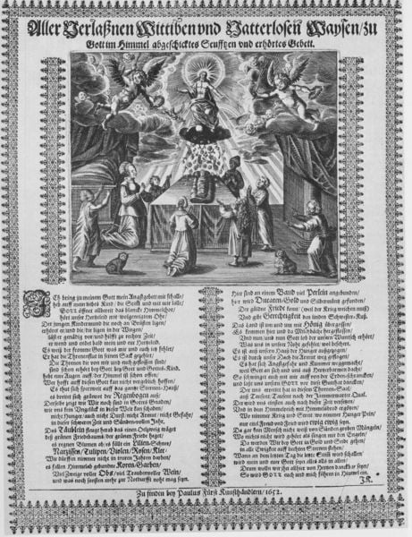 Aller Verlaßnen Wittiben vnd Vatterlosen Waysen/ zu Gott im Himmel abgeschicktes Seufftzen vnd erhörtes Gebett.. by Johann Klaj. 1652. Motifs recorded: engel, text, druck, wolken, jesus, zeitung, schrift, christus.