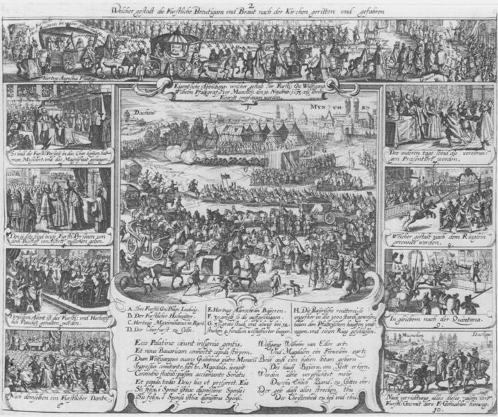 Eigentliche Abbildung, welcher gestalt Ihr Furstl: Gn: Wolffgang Wilhelm Pfaltzgraf vor Munchen. by Abraham Hogenberg. 1613. Motifs recorded: menschen, pferde, text, zelte, kutsche, schrift, druck, bilder.