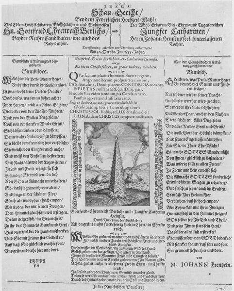 A et O JESUS! Schau=Gericht/ Bey dem Feyerlichen Hochzeit=Mahl. by Johann Caspar Höckner. 1655. Motifs recorded: text, schrift, illustration, bild, weiss, spalten, seite, schwarz.