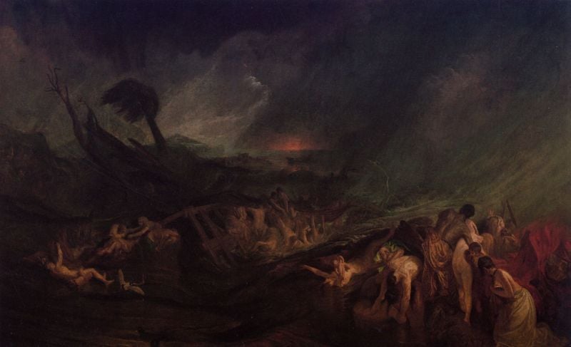 Die Sintflut. by William Turner. 1805. Motifs recorded: storm, sturm, baum, wasser, menschen, dunkel, schiff, tree.
