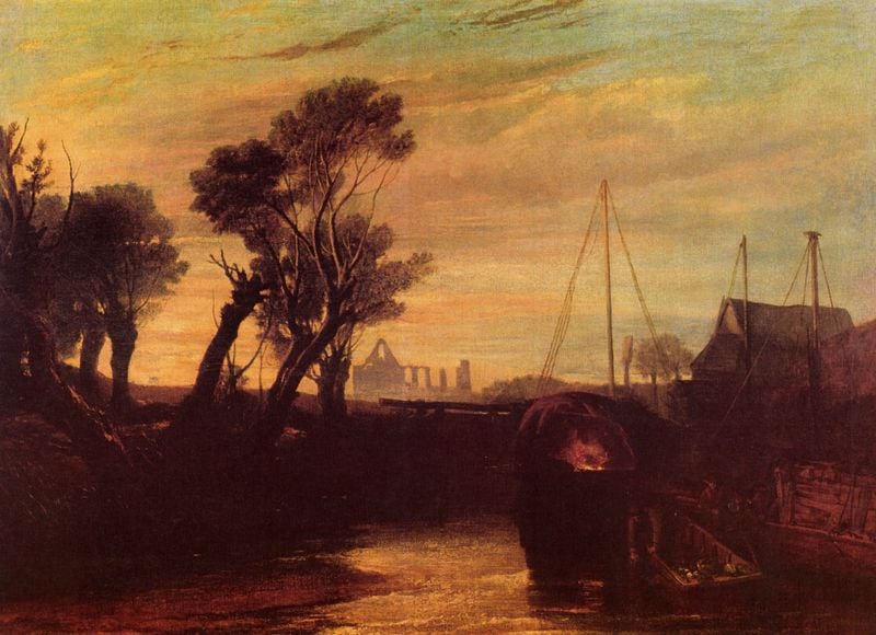 Newark Kloster auf dem Wey. by William Turner. 1807. Motifs recorded: bäume, himmel, ruine, abend, fluss, licht, boote, wolken.