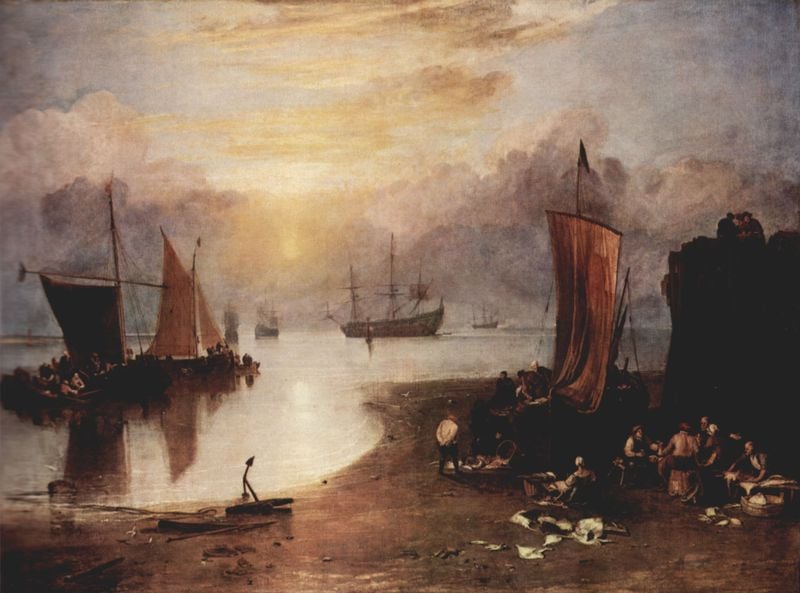 Aufgehende Sonne im Dunst; Fischer beim Ausnehmen und Verkaufen von Fischen. by William Turner. 1807. Motifs recorded: meer, wolken, strand, segel, sonne, schiff, menschen, himmel.