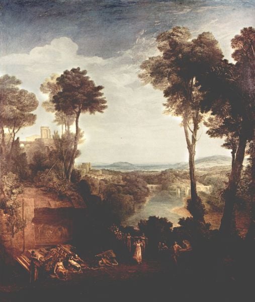 Hermes und Herse. by William Turner. 1811. Motifs recorded: bäume, menschen, landschaft, wolken, himmel, ruine, baum, brücke.