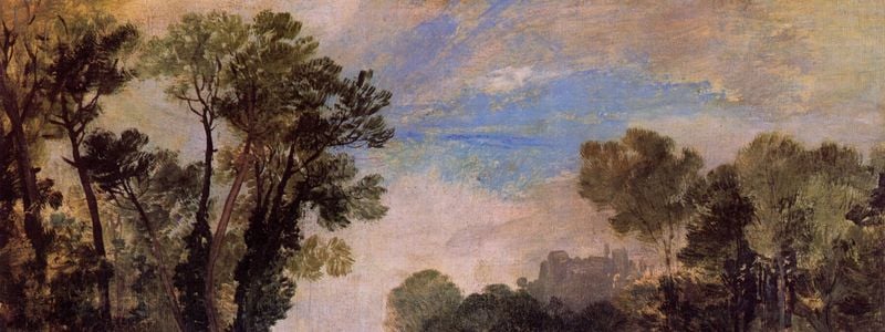 Baumwipfel und Himmel, Guildford Castle (?), Abend. by William Turner. 1807. Motifs recorded: himmel, bäume, wolken, blau, stadt, wald, landschaft, grün.