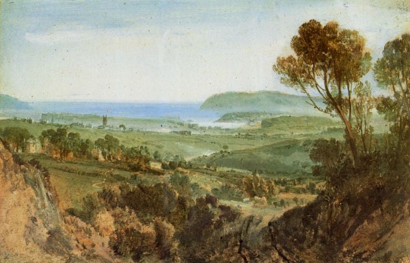 Blick über den Hafen von Plymouth. by William Turner. 1813. Motifs recorded: bäume, meer, hügel, dorf, landschaft, grün, blau, himmel.