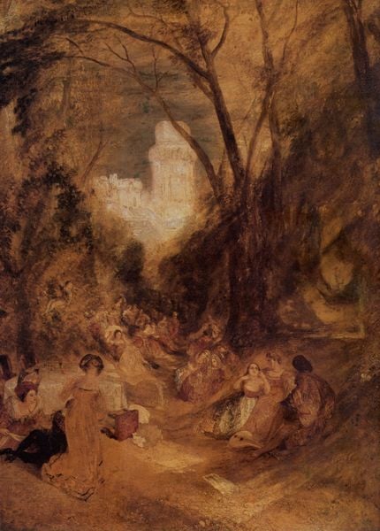 Boccaccio erzählt die Geschichte des Vogelkäfigs. by William Turner. 1828. Motifs recorded: frauen, wald, bäume, braun, menschen, burg, picknick, schloss.