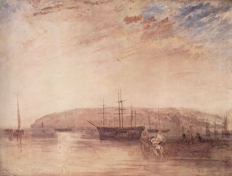 Ablegen von der Landspitze von East Cowes. by William Turner. 1827. Motifs recorded: schiff, hafen, wolken, wasser, hügel, segel, meer, menschen.