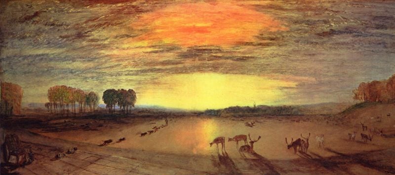 Petworth Park: Im Hintergrund die Kirche von Tillington. by William Turner. 1828–1832. Motifs recorded: bäume, sonne, hirsche, sonnenuntergang, horizont, tiere, hügel, rehe.