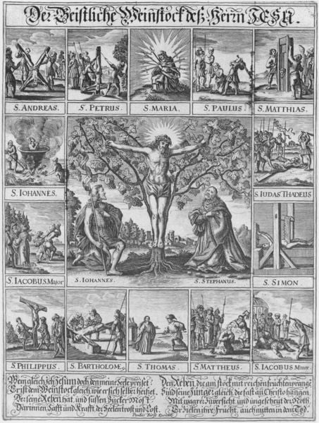 Der Geistliche Weinstock deß Herrn JESU.. 1640–1660. Motifs recorded: jesus, kreuz, schrift, baum, kreuzigung, heilige, maria, petrus.
