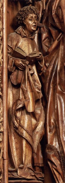 Hochaltar, Hl. Stephanus im linken Gewände des Mittelschreins. by Meister von Kefermarkt. 1490–1497. Motifs recorded: buch, holz, schnitzerei, locken, gewand, falten, mann, heiliger.