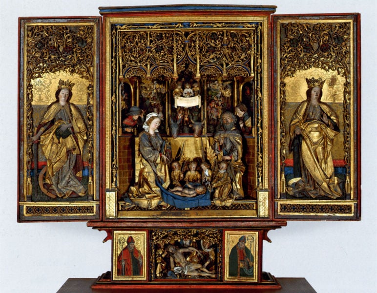 Altar aus Tramin, Mittelschrein mit Geburt Christi. by Hans Klocker. 1483–1487. Motifs recorded: gold, altar, maria, josef, krone, flügelaltar, krippe, heilige.