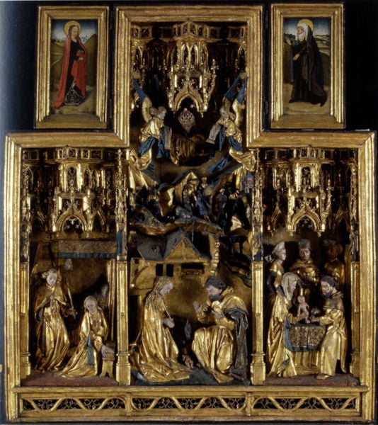 Brüsseler Altärchen, Mittelschrein mit Geburt Christi. 1478–1482. Motifs recorded: altar, gold, engel, jesus, maria, verkündigung, vergoldet, geschnitzt.