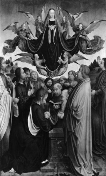 Himmelfahrt Mariens. by Meister von St. Severin. 1498–1502. Motifs recorded: maria, engel, männer, himmel, flügel, gemälde, himmelfahrt, buch.