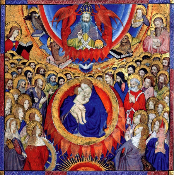 Allerheiligenbild. by Paul von Limburg. 1405–1408. Motifs recorded: maria, heilige, blau, rot, jesus, gott, gold, kind.