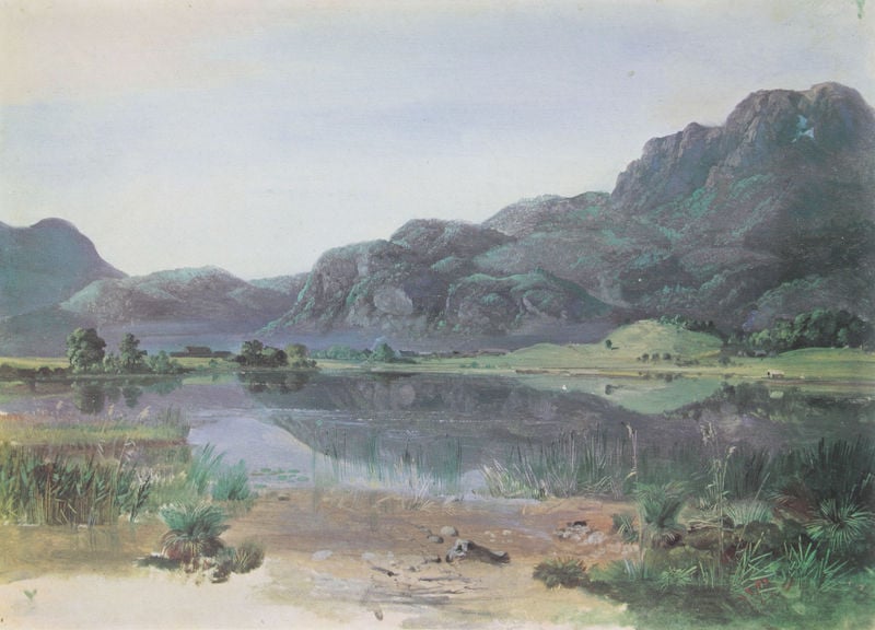 Bei Schlehdorf am Kochelsee. by Heinrich Bürkel. 1832–1835. Motifs recorded: see, spiegelung, berge, ufer, bäume, landschaft, schilf, himmel.