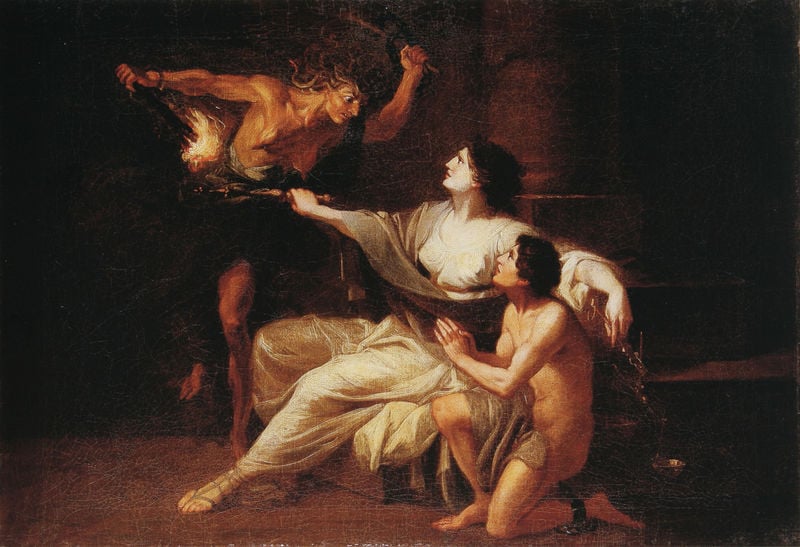 Allegorie auf die bayerische Strafrechtsreform. by Joseph Hauber. 1807–1809. Motifs recorded: feuer, frau, mann, nackt, fackel, haare, angst, teufel.