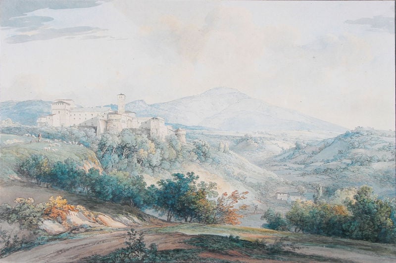Ansicht von Grottaferrata gegen den Monte Cavo. by Johann Georg von Dillis. 1795. Motifs recorded: landschaft, burg, bäume, berge, turm, weg, tal, berg.