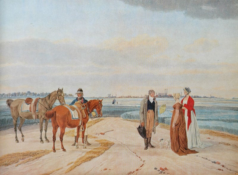 Abgestiegener Reiter und zwei Damen. by Wilhelm Kobell. 1803. Motifs recorded: pferde, himmel, stadt, feld, wolken, hut, frauen, reiter.