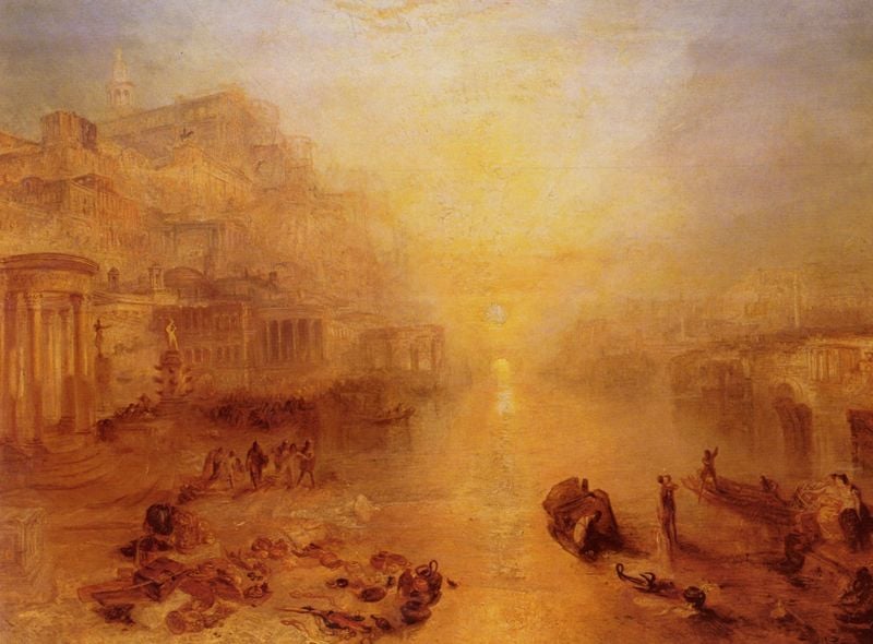 Altes Italien: Der aus Rom verbannte Ovid. by William Turner. 1838. Motifs recorded: sonne, menschen, turner, stadt, säulen, boote, tempel, wasser.