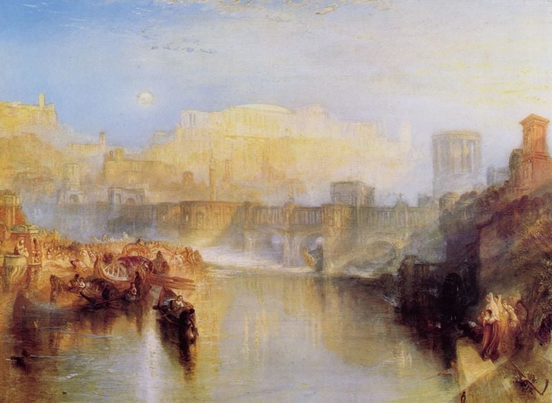 Agrippina landet mit der Asche von Germanicus. Die restaurierte Triumphbrücke und der Palast des Cäsar. by William Turner. 1839. Motifs recorded: bridge, boat, himmel, river, licht, people, water, sky.