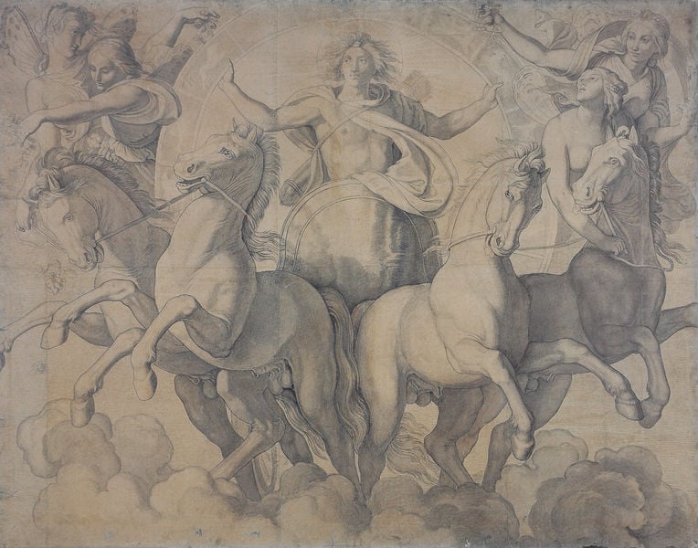 Der Wagen des Phoibos Apoll / Der Mittag. by Peter Cornelius. 1819. Motifs recorded: pferde, zeichnung, wolken, wagen, frauen, himmel, engel, mann.