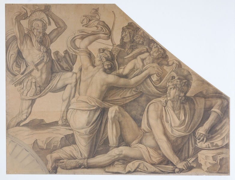 Aphrodite schützt Paris gegen Menelaos. by Peter Cornelius. 1825–1826. Motifs recorded: kampf, schwert, bogen, pfeil, frau, helm, engel, römer.