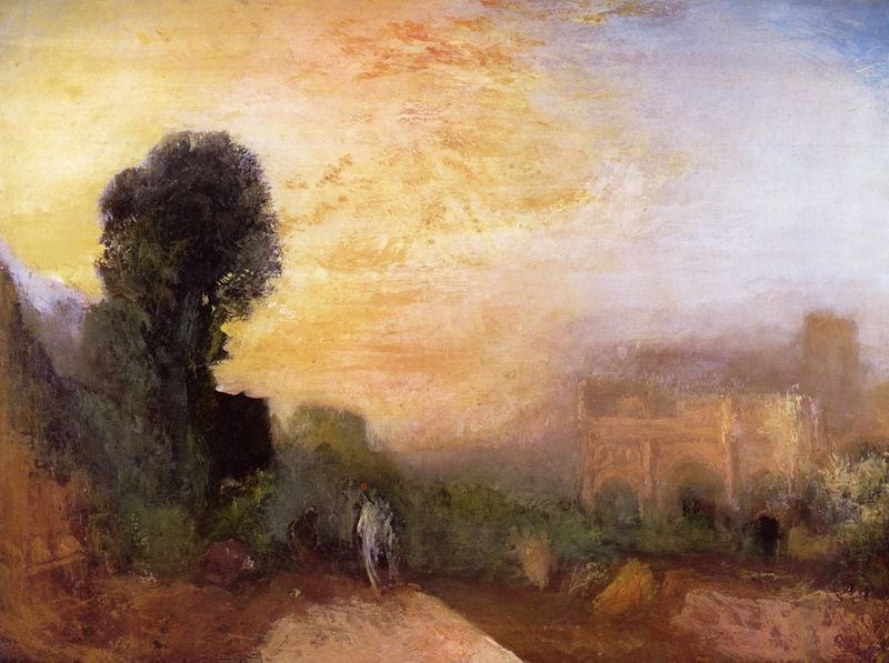 Konstantin-Bogen, Rom. by William Turner. 1835. Motifs recorded: himmel, gelb, baum, braun, weg, grün, sonne, mann.