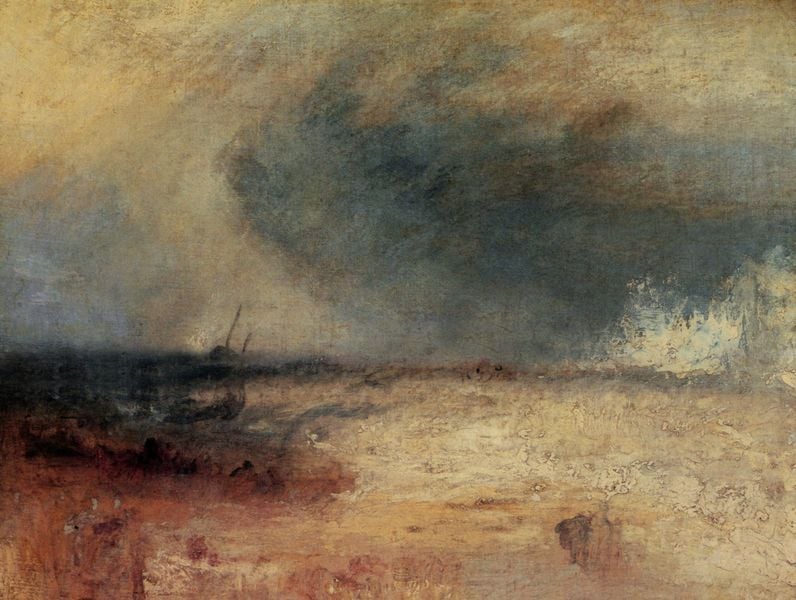 An einem Ufer sich brechende Wellen. by William Turner. 1835. Motifs recorded: turner, wolken, himmel, sturm, wasser, landschaft, schiff, horizont.