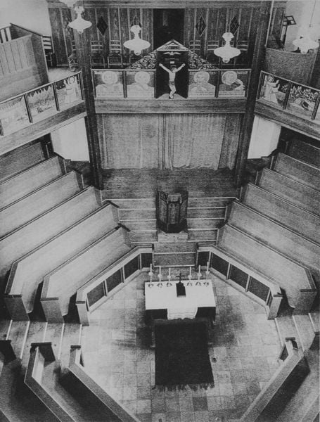 Innenraum der Waldkirche in Planegg. by Theodor Fischer. 1924–1926. Motifs recorded: altar, kirche, bänke, kerzen, kreuz, foto, heilige, teppich.