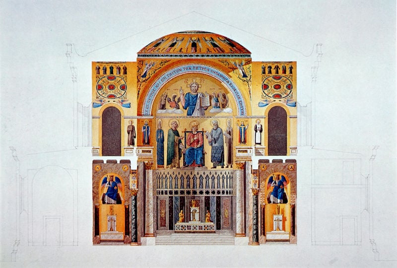 Allerheiligen-Hofkirche - Querschnitt. by Leo von Klenze. 1826–1837. Motifs recorded: altar, kuppel, gold, kirche, christus, jesus, blau, engel.