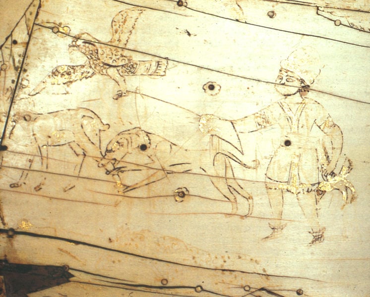 Kästchen, bemalt (Detail). 1200–1300. Motifs recorded: mann, hund, vogel, jagd, zeichnung, falke, tiere, elfenbein.